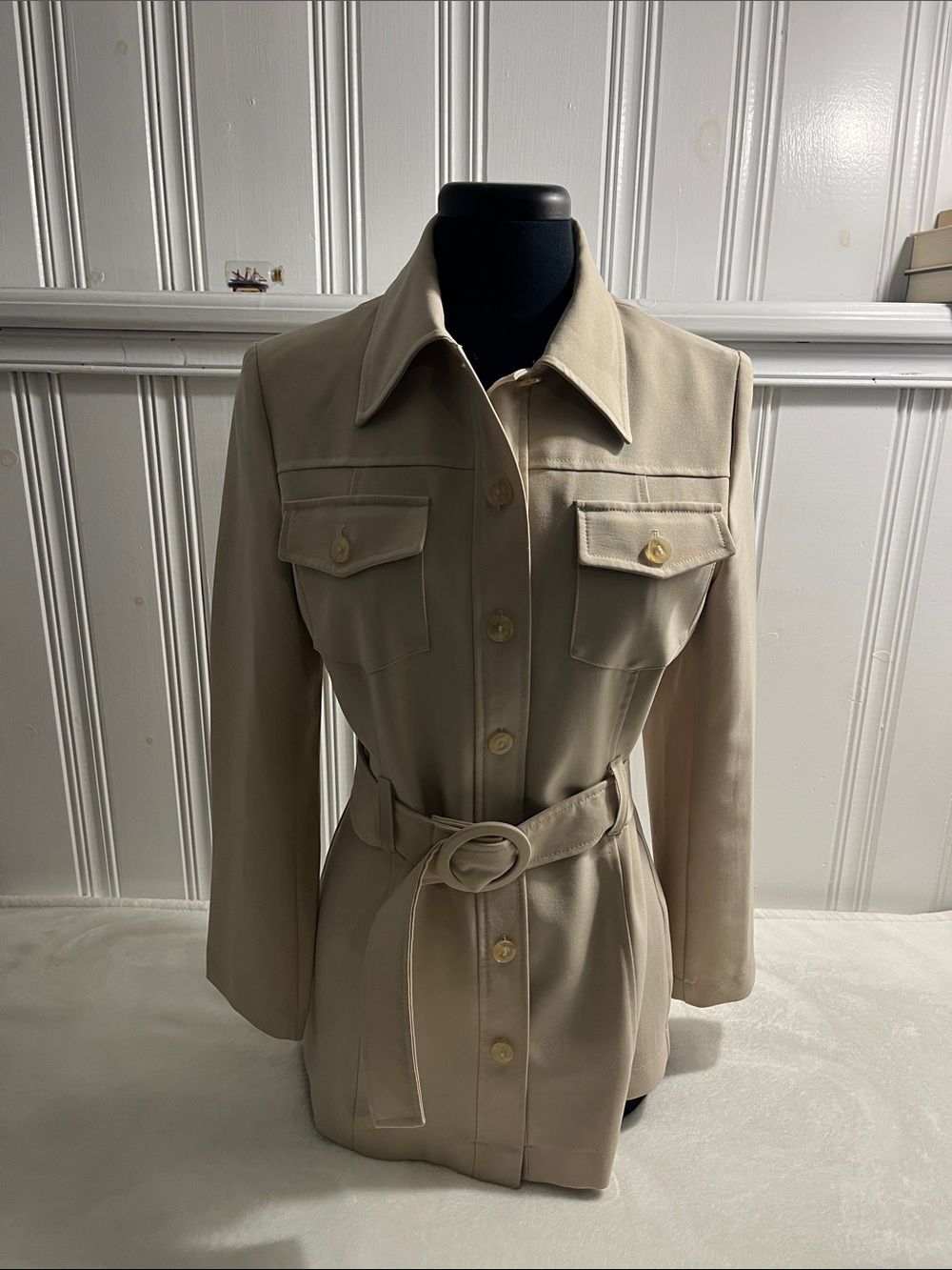 Women’s Beige Short Belted Trench Coat with Button Front